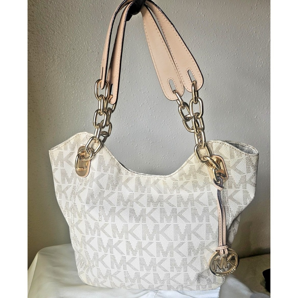 Michael Kors Lilly Large‎ Tote Bag Purse/Vanilla & Gold Chain/Tan Leather